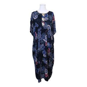 Womens Navy Blue Kaftan Dress Plus Size Paisley Floral Boho Plus Size Maxi Sz L